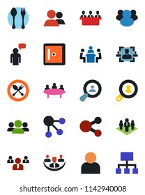 Color and black flat icon set - spoon and fork vector, checkroom, speaking man, team, meeting, group, user, company, hr, client search, social media, hierarchy