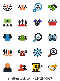 Color and black flat icon set - hierarchy vector, pedestal, team, group, user, company, hr, meeting, handshake, client search, consumer