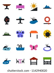 Color and black flat icon set - cafe vector, butterfly, sun, pond, brightness, pool, fruit tree, mountains, table, restaurant, alcove