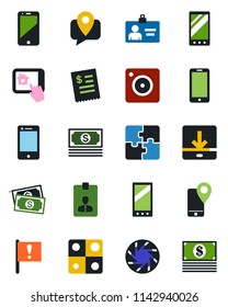 Color and black flat icon set - mobile phone vector, identity card, important flag, cash, tracking, cell, camera, download, application, restaurant receipt, home control app