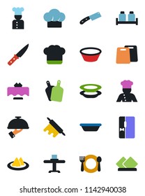 Color and black flat icon set - fridge vector, cook, restaurant table, serviette, cafe, hat, plates, waiter, salt and pepper, bowl, rolling pin, cutting board, knife