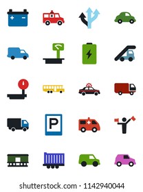 Color and black flat icon set - dispatcher vector, airport bus, parking, alarm car, ladder, ambulance, route, truck trailer, delivery, heavy scales, railroad, battery