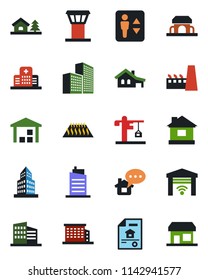 Color and black flat icon set - airport tower vector, elevator, house, hospital, warehouse, office building, with garage, tree, estate document, city, crane, factory, cafe, warm floor, gate control