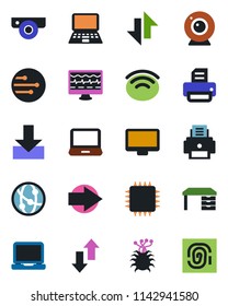 Color and black flat icon set - right arrow vector, desk, notebook pc, printer, monitor pulse, virus, network, laptop, data exchange, download, wireless, chip, web camera, fingerprint