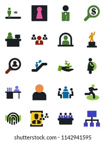 Color and black flat icon set - escalator vector, female, reception, pedestal, team, meeting, manager place, run, pregnancy, user, fingerprint id, hr, desk, waiter, consumer search, palm sproute