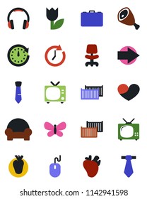 Color and black flat icon set - tv vector, right arrow, office chair, case, mouse, butterfly, real heart, cargo container, tulip, headphones, tie, cushioned furniture, ham, clock