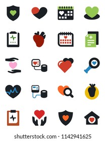 Color and black flat icon set - heart vector, pulse, diagnosis, blood pressure, diagnostic, shield, hand, real, medical calendar, clipboard, sweet home
