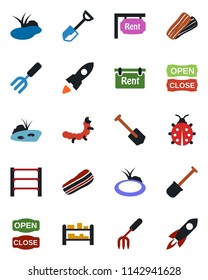 Color and black flat icon set - job vector, garden fork, shovel, lady bug, caterpillar, pond, rack, rent, bacon, open close, rocket