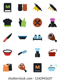 Color and black flat icon set - cook vector, cafe, hat, menu, salt and pepper, ham, bowl, rolling pin, cutting board, knife, steaming pan