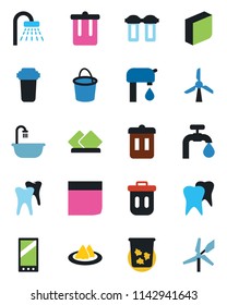 Color and black flat icon set - trash bin vector, shower, bucket, tooth, mobile, blank box, water supply, bathroom, serviette, filter, windmill