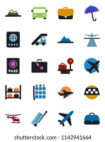 Color and black flat icon set - plane vector, runway, taxi, suitcase, airport bus, umbrella, passport, ladder car, helicopter, seat map, luggage storage, scales, mountains, case