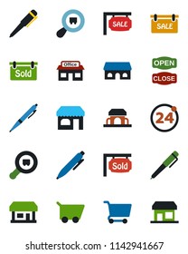 Color and black flat icon set - 24 around vector, shop, pen, store, search cargo, sale, sold signboard, cafe building, open close, cart, storefront