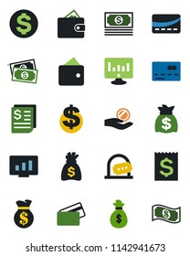 Color and black flat icon set - credit card vector, ticket office, dollar sign, money bag, statistic monitor, cash, receipt, wallet, investment