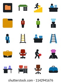Color and black flat icon set - manager vector, desk, place, ladder, folder, career, cook, office chair, case