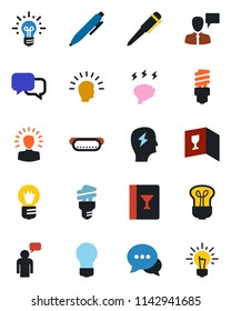 Color and black flat icon set - speaking man vector, pen, brainstorm, bulb, dialog, wine card, hot dog, energy saving, shining head, idea