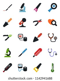 Color and black flat icon set - trowel vector, pruner, saw, stethoscope, blood pressure, thermometer, heart diagnostic, microscope, scalpel, microphone