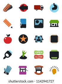 Color and black flat icon set - left arrow vector, sproute, glove, well, stomach, store, car delivery, hdmi, gallery, hr, pencil, children room, bacon, open close, apple fruit, chip, police, fridge