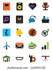 Color and black flat icon set - mail vector, growth statistic, document search, hose, heart pulse, run, diet, warehouse, speaker, bell, music, root setup, copybook, office chair, manager desk, menu