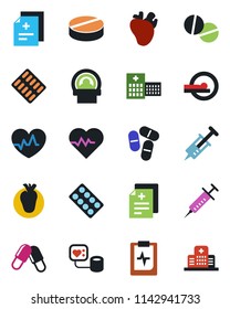 Color and black flat icon set - heart pulse vector, diagnosis, syringe, blood pressure, pills, blister, tomography, real, clipboard, hospital