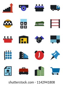 Color and black flat icon set - taxi vector, seat map, growth statistic, calculator, meeting, car delivery, consolidated cargo, rack, alarm, case, drawing pin, office building, handshake, stapler