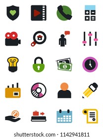 Color and black flat icon set - baggage conveyor vector, speaking man, calculator, calendar, circle chart, heart shield, cash, call, tuning, user, clock, lock, video, pencil, mail, estate search