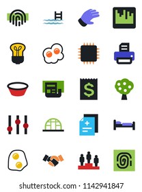 Color and black flat icon set - bed vector, handshake, pedestal, printer, glove, greenhouse, diagnosis, receipt, settings, scanner, fingerprint id, news, pool, fruit tree, bowl, omelette, chip, bulb