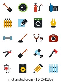Color and black flat icon set - job vector, pencil, shovel, pruner, hoe, axe, garden sprayer, stethoscope, dropper, barbell, office phone, clock, camera, satellite, speaker, ink pen, heater, washer