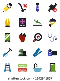 Color and black flat icon set - arrival vector, passport, shovel, ladder, stethoscope, real heart, satellite, no trolley, video camera, mobile, ink pen, tie, pencil, stapler, office building, waiter