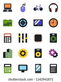 Color and black flat icon set - mobile phone vector, mouse, notebook pc, sun, bike, settings, tv, headphones, monitor, speaker, calendar, clock, office building, calculator, target, chip