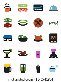 Color and black flat icon set - coffee vector, cook, dish, cafe, menu, drink, cocktail, phyto bar, beer, salad, plates, building, candle, table, open close, credit card, chicken, steaming pan