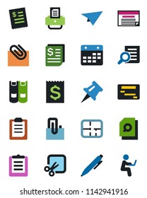Color and black flat icon set - book vector, document search, pen, printer, receipt, clipboard, calendar, cut, drawing pin, paper clip, plan, restaurant, plane, schedule, man with notebook