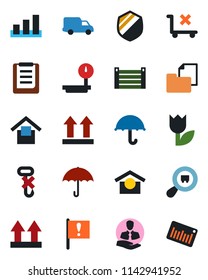 Color and black flat icon set - important flag vector, client, car delivery, container, clipboard, folder document, umbrella, warehouse storage, up side sign, no trolley, hook, tulip, sorting