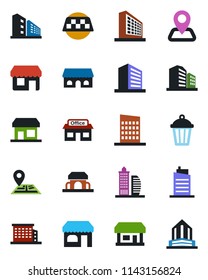 Color and black flat icon set - taxi vector, shop, office building, garden light, navigation, store, city house, cafe, storefront