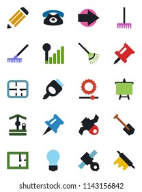 Color and black flat icon set - right arrow vector, presentation board, bulb, job, pencil, rake, well, satellite, hdmi, brightness, cellular signal, drawing pin, plan, phone, rolling