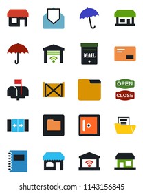 Color and black flat icon set - automatic door vector, umbrella, shop, checkroom, store, container, mail, folder, copybook, document, mailbox, open close, garage gate control, storefront
