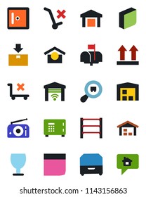 Color and black flat icon set - safe vector, checkroom, fragile, warehouse storage, up side sign, no trolley, package, search cargo, rack, radio, blank box, archive, mailbox, garage gate control