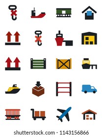 Color and black flat icon set - plane vector, railroad, sea shipping, car delivery, port, container, cargo, warehouse storage, up side sign, no hook, package, rack