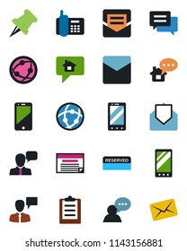 Color and black flat icon set - mobile phone vector, speaking man, office, network, cell, speaker, paper pin, mail, message, clipboard, reserved, home, schedule