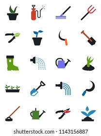 Color and black flat icon set - job vector, shovel, farm fork, rake, seedling, watering can, sproute, pruner, boot, hoe, sickle, garden sprayer, irrigation
