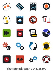 Color and black flat icon set - washer vector, gear, contract, stamp, pills blister, fast forward, rec button, update, record, pie graph, omelette, crisis management