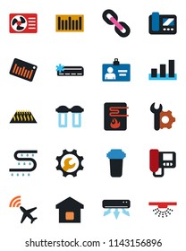 Color and black flat icon set - plane radar vector, identity card, drip irrigation, sorting, barcode, chain, root setup, air conditioner, smart home, water heater, intercome, filter, warm floor
