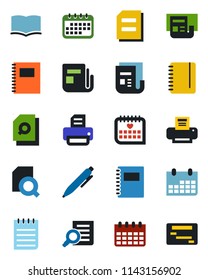 Color and black flat icon set - book vector, document search, pen, notepad, calendar, printer, medical, news, copybook, schedule