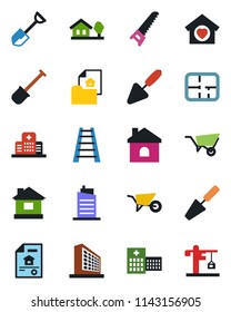 Color and black flat icon set - office building vector, trowel, shovel, ladder, wheelbarrow, saw, house, hospital, with tree, plan, estate document, sweet home, city, crane