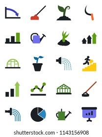 Color and black flat icon set - growth statistic vector, seedling, watering can, sproute, hoe, sickle, greenhouse, bar graph, pie, point, career ladder, arrow up, crisis, presentation