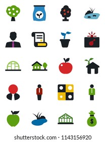 Color and black flat icon set - bomb in case vector, manager, contract, seedling, greenhouse, pond, fertilizer, application, house with tree, fruit, estate agent, apple, eco, money bag
