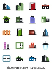Color and black flat icon set - fence vector, garden light, hospital, store, office building, house with garage, plan, city, eco, door