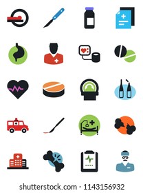 Color and black flat icon set - heart pulse vector, diagnosis, blood pressure, pills, ampoule, scalpel, tomography, ambulance car, hospital bed, stomach, broken bone, clipboard, doctor