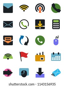 Color and black flat icon set - phone vector, right arrow, mail, mouse, calendar, call, update, download, calculator, wireless, flag