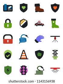 Color and black flat icon set - alarm car vector, border cone, glove, boot, hose, heart shield, traffic light, protect, lock, intercome, home, sprinkler