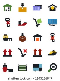 Color and black flat icon set - sea shipping vector, truck trailer, cargo container, port, consolidated, warehouse storage, up side sign, no trolley, hook, package, search
